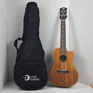 Luna Mahogany Concert Ukulele Acoustic Electric Tattoo Laser Etched w Bag VIDEO